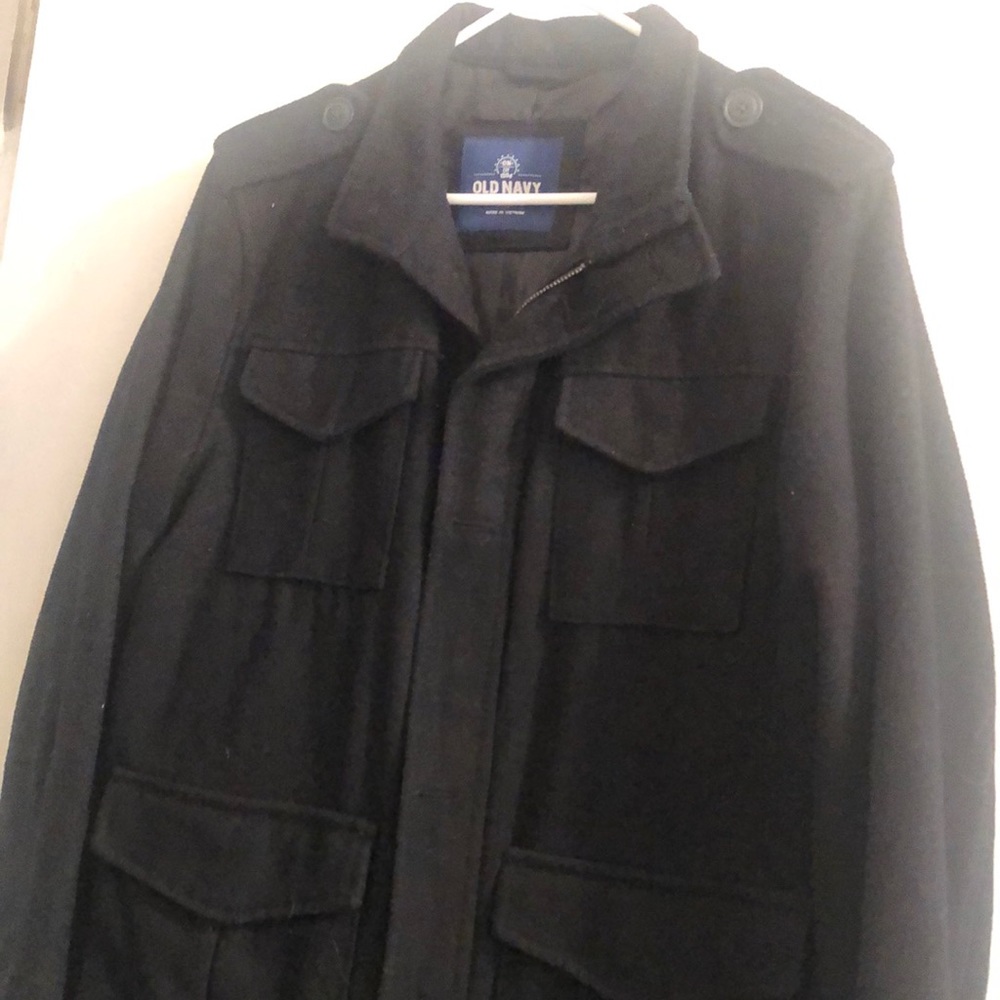 Old Navy black pea coat with zipper and button closure. Has button cuffs. Small